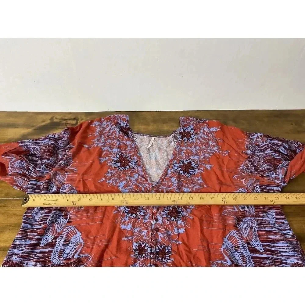 Free People Birds of a Feather Orange Floral Printed Blouse Size Small V-Neck